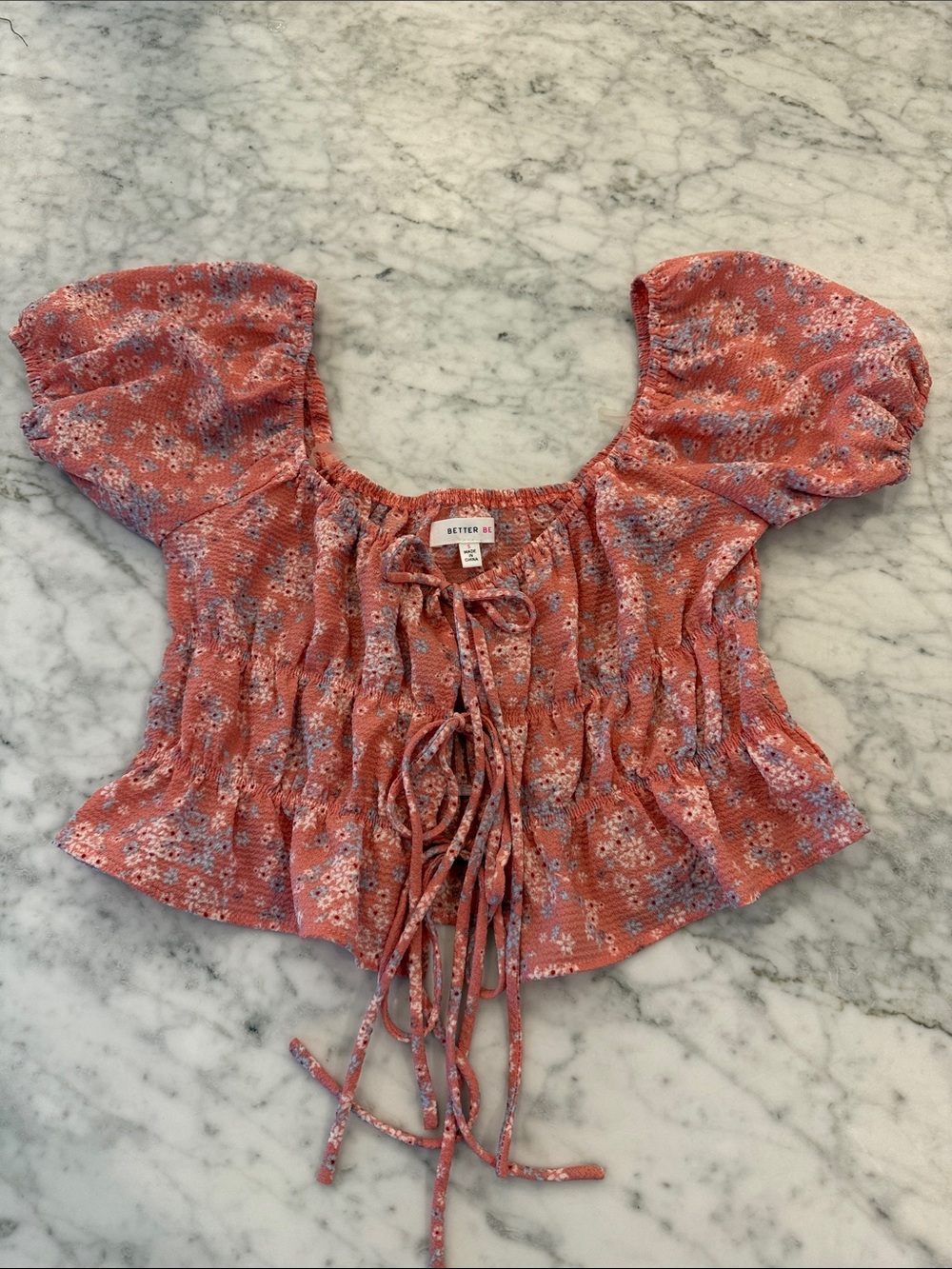 Better Be Coral Pink Floral Tie-Front Puff Sleeve Crop Top